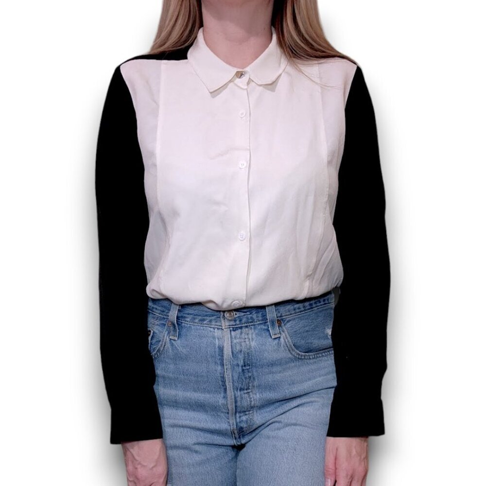 Sandro Paris Black and White Contrast Button Down 100% Silk Top - Picture 1 of 7